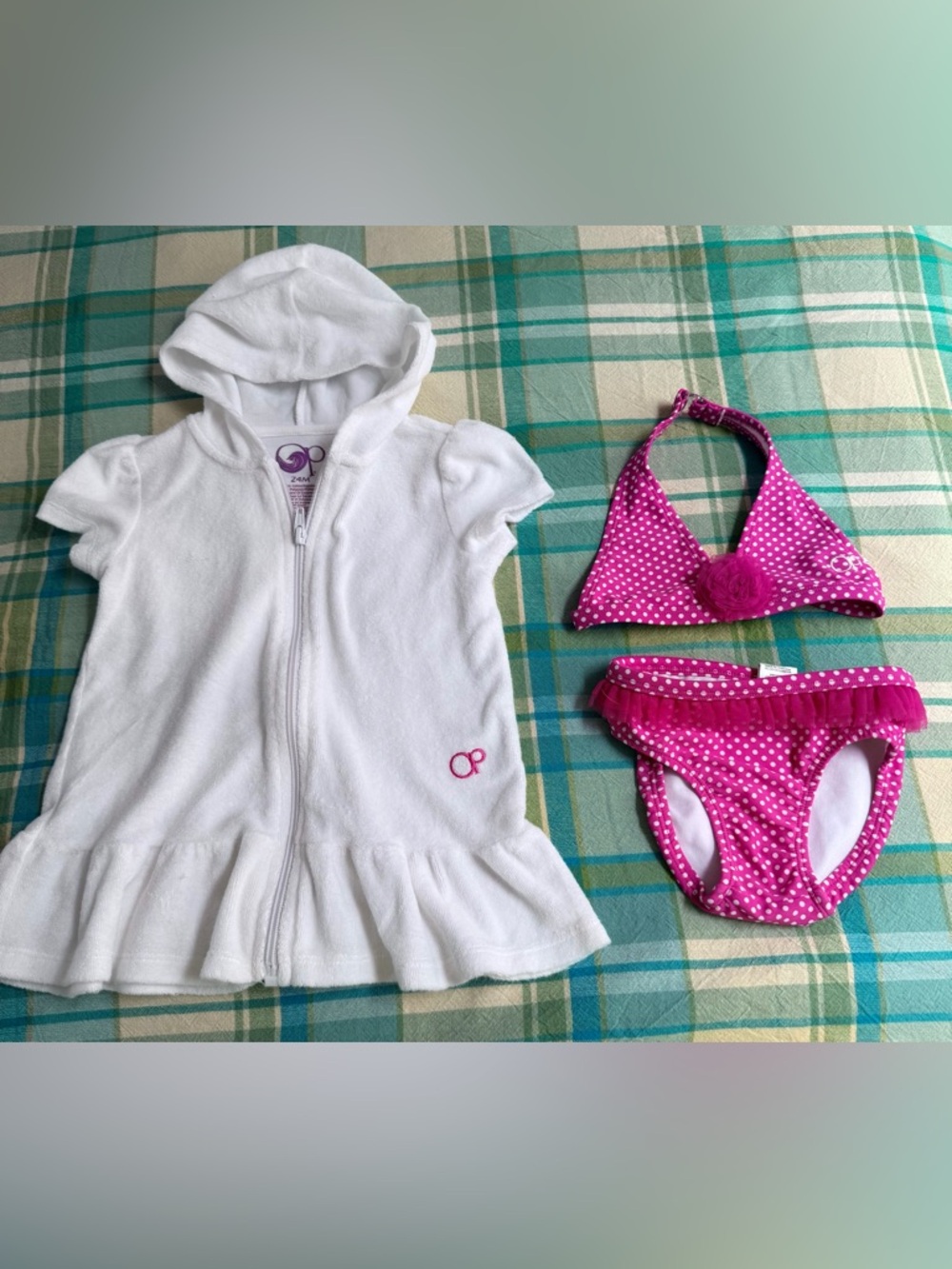 Ocean Pacific White Hooded Terry Zip-Up Cover-Up & Pink Dot Bikini, 18 mos